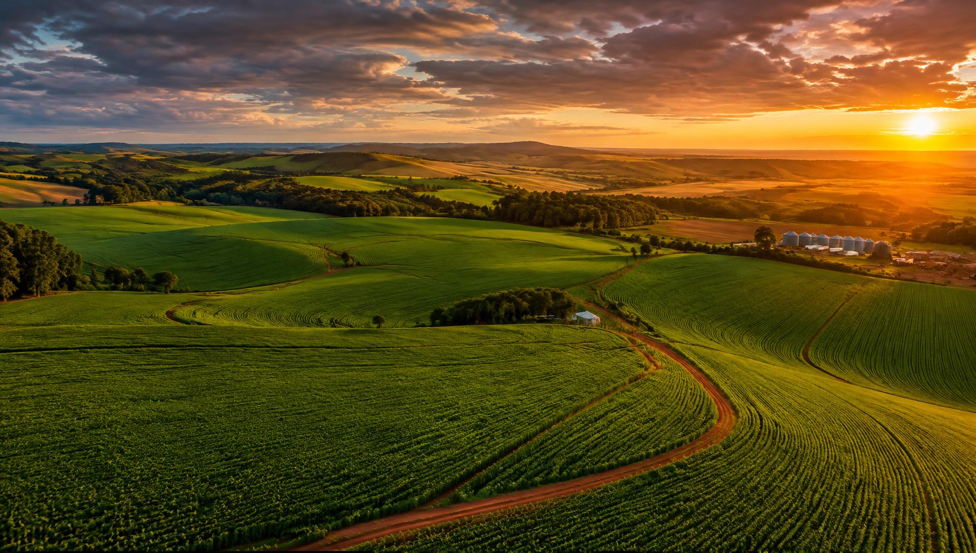 Lavouras verdes ao pôr do sol